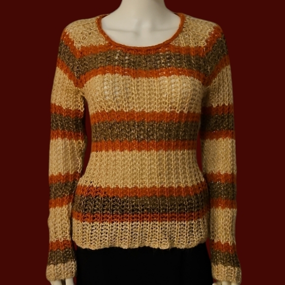 Ashley By 26 International Sweaters - ASHLEY Y2k Striped Metallic Open Crochet Peekaboo Sweater